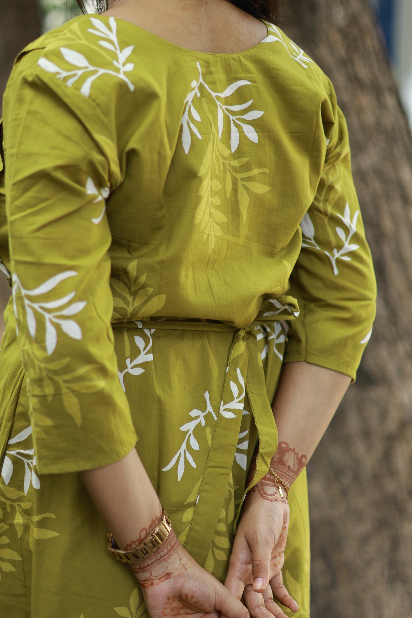 Cotton /Maternity 3 pc chudidhar set [ A line Top with double side zip, pant and dupatta] -Olive green ( No side open top)