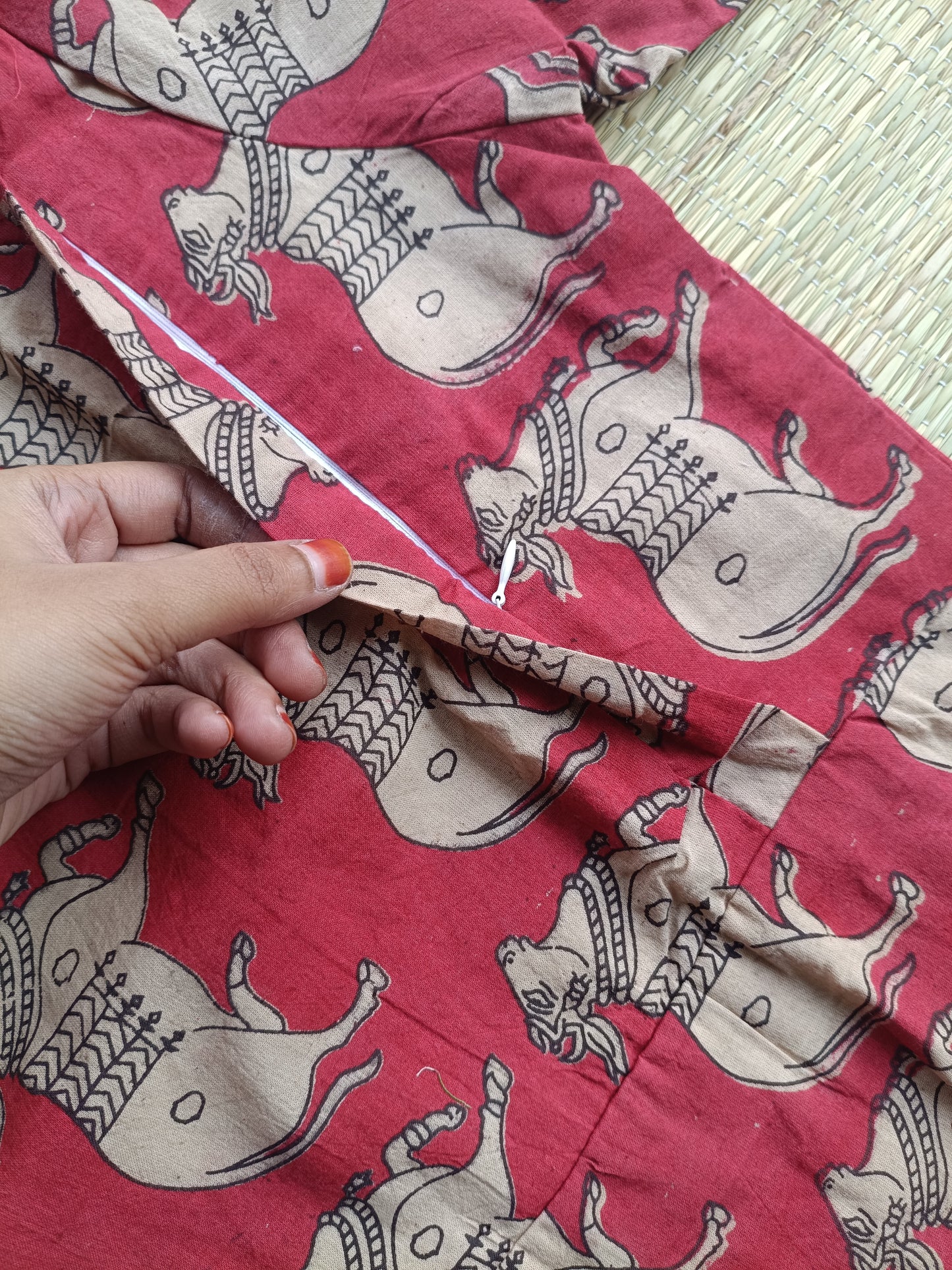 Block printed kalamkari cotton Maternity 2 pc chudidhar set [ Top with double side zip, and dupatta - Red pichwai