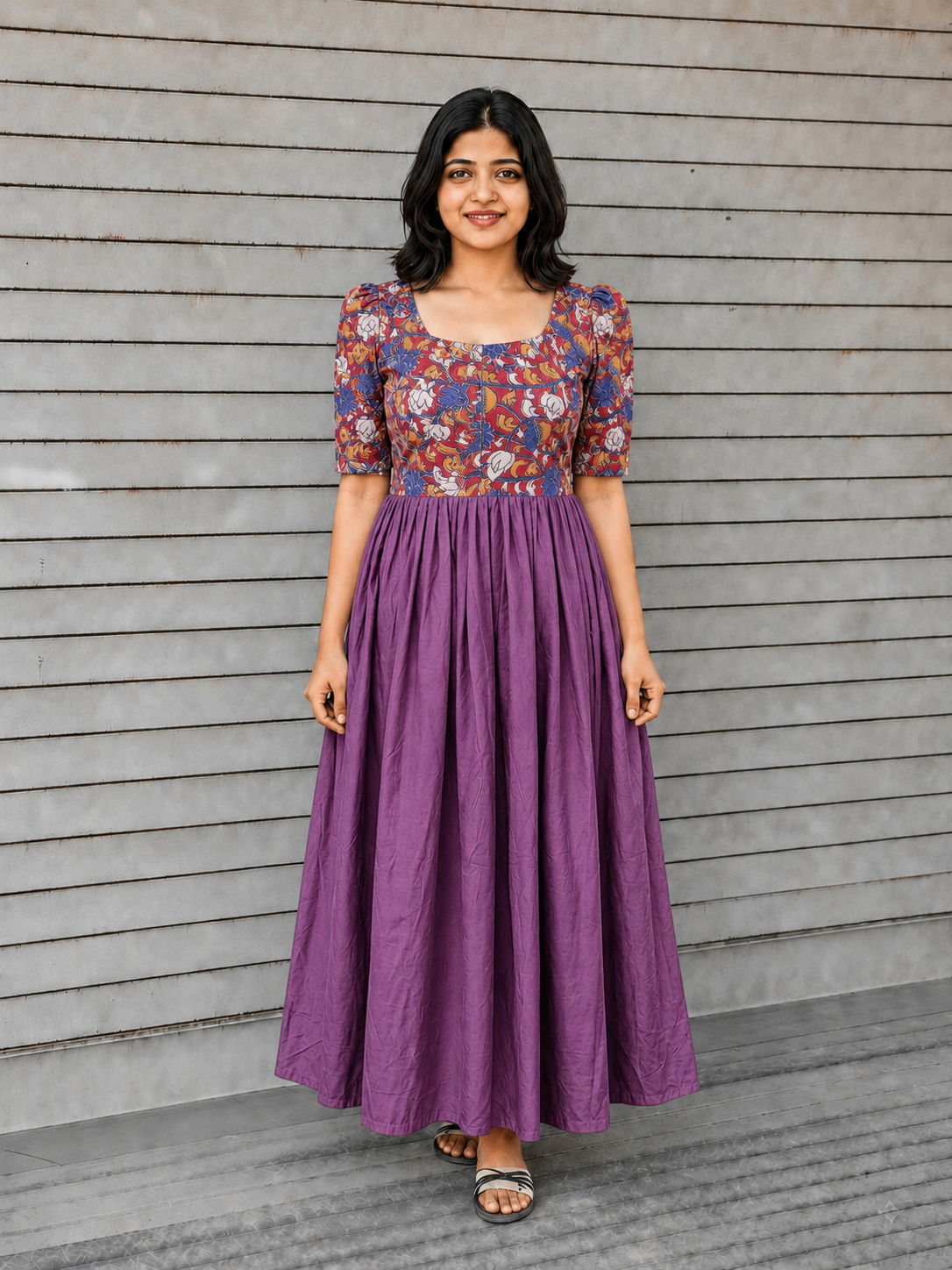 Cotton / Raw silk Maternity Maxi/Gown in center zip - Festival Collection- Full cotton lining - Dusty Rose with red flower
