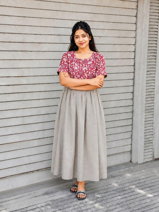 Cotton / Raw silk Maternity Maxi/Gown in center zip - Festival Collection- Full cotton lining - silver with red leaf