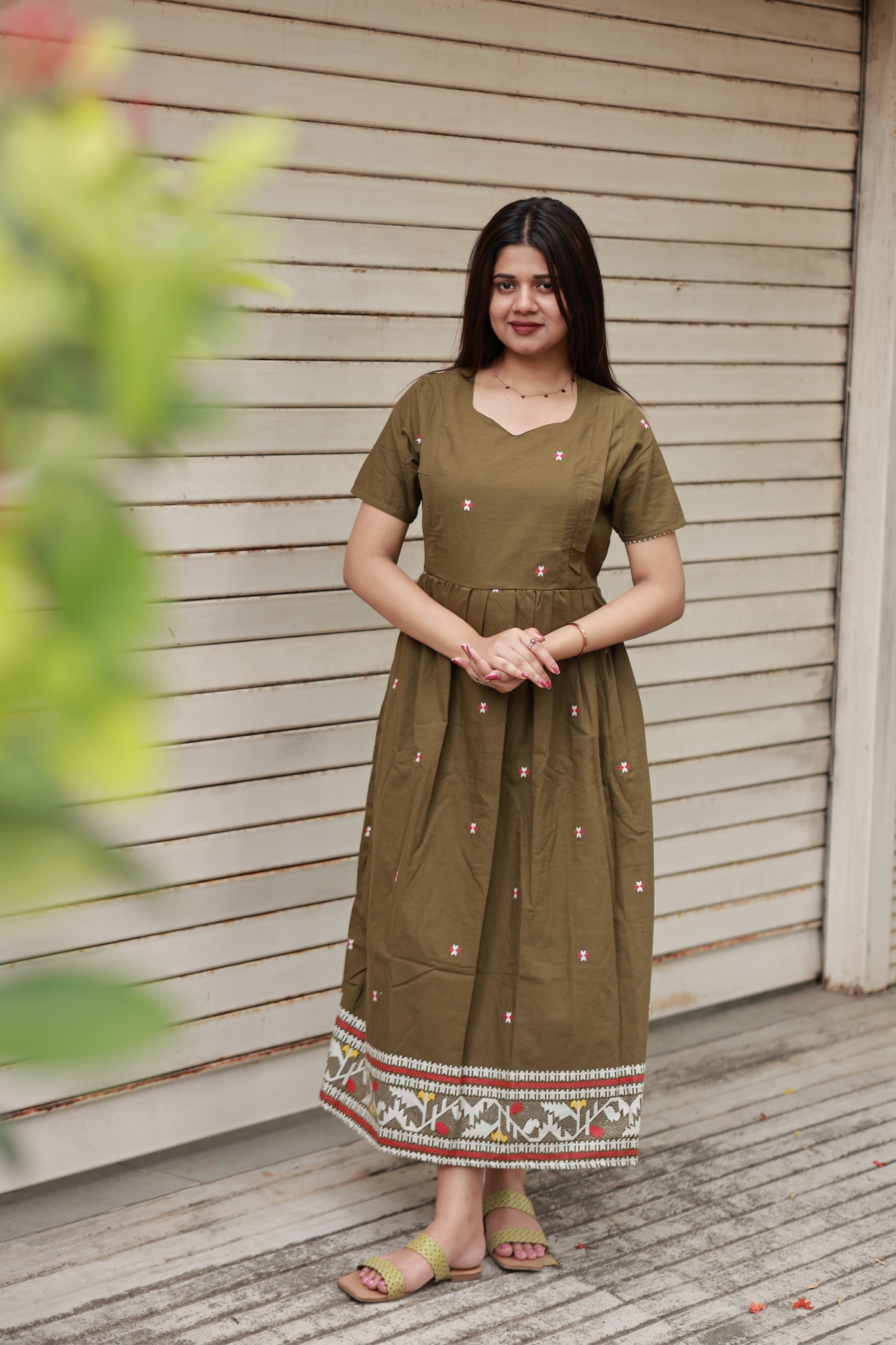 Handloom Jamdani - Maternity / Feeding - Maxi/Gown - Full Cotton Lining - Double side Zips - olive green