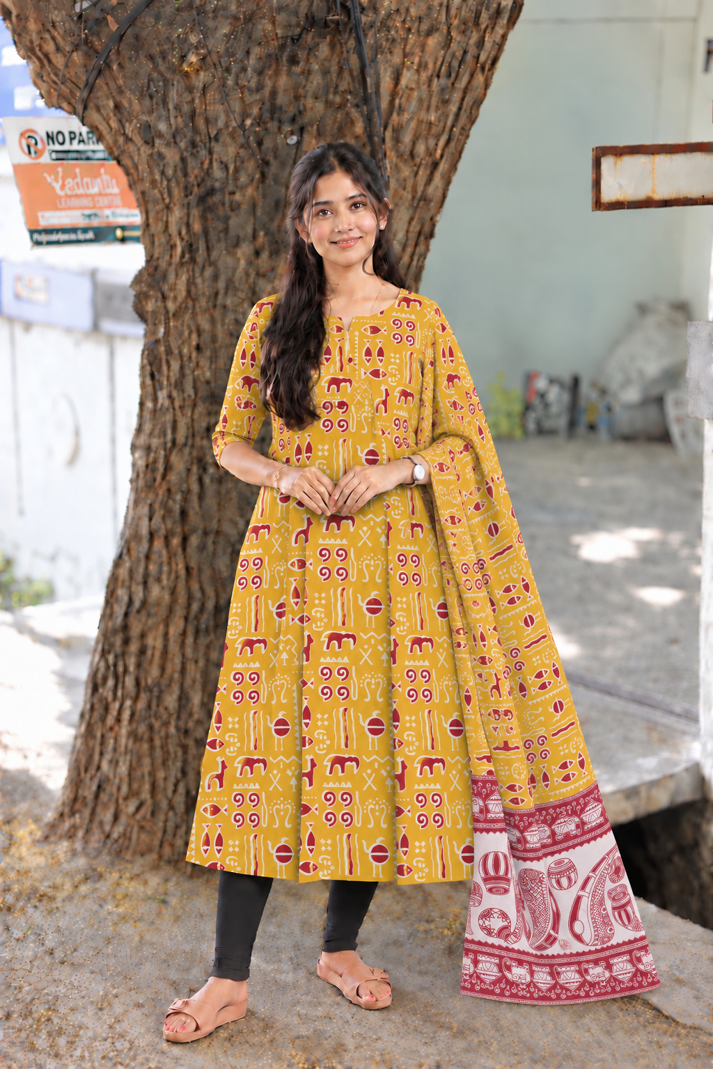 Block printed kalamkari cotton Maternity 2 pc chudidhar set [ Top with double side zip, and dupatta - Yellow fish