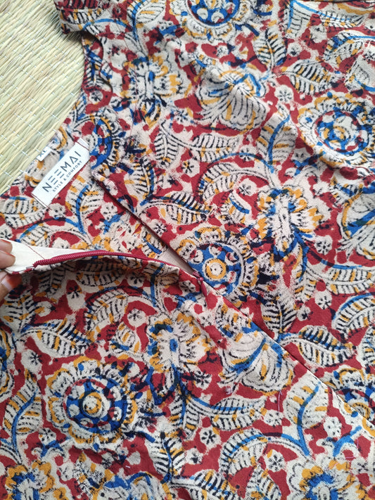 Block printed kalamkari cotton Maternity 2 pc chudidhar set [ Top with center side zip, and dupatta - Leaf red kalamkari (side open top)