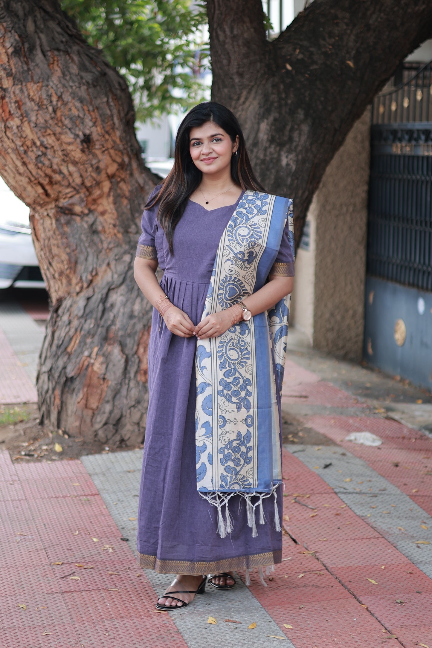 Chettinad Cotton -2 pc set -Maternity Maxi/Gown - Festival Collection -Full cotton lining- Double side zip with dupatta- Purple