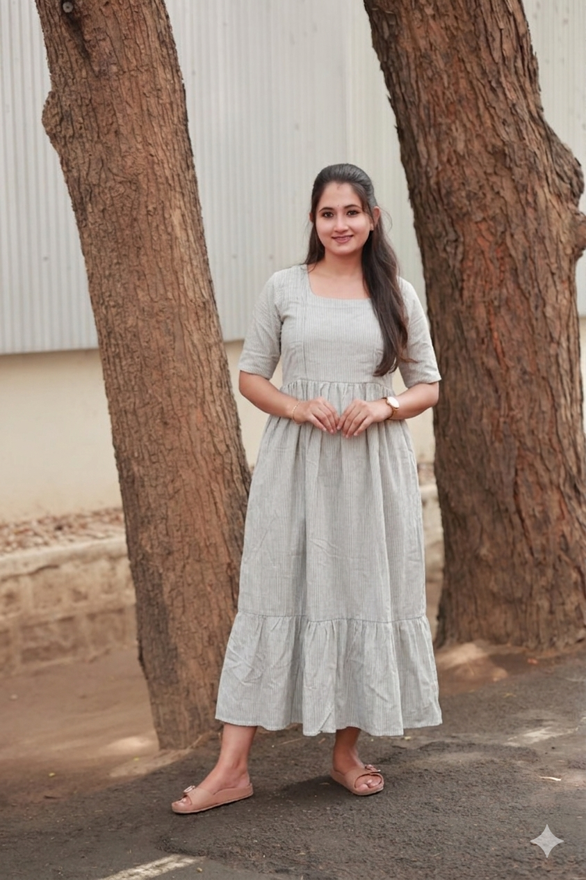 Cotton - Feeding/ Maternity Maxi/Gown - Cotton lining /Double side zip -  White  Stripe