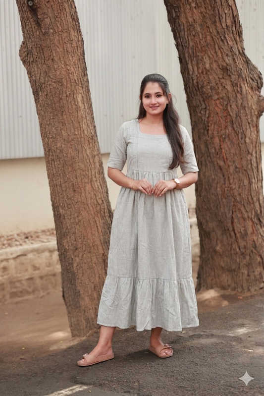 Cotton - Feeding/ Maternity Maxi/Gown - Cotton lining /Double side zip -  White  Stripe