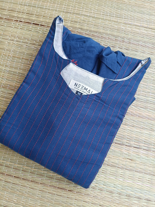 Handloom Cotton Maternity Feeding Gown/ maxi / Double side zip– blue line