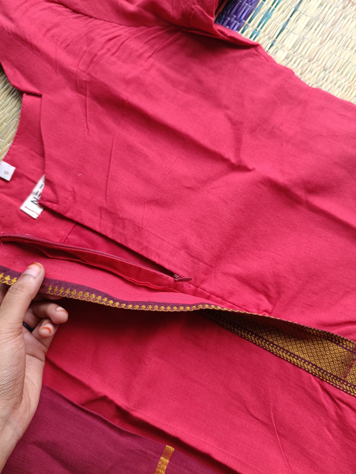 Handloom chetti nadu  cotton Maternity 3 pc chudidhar set [ Top with center zip, pant and dupatta] - Pink