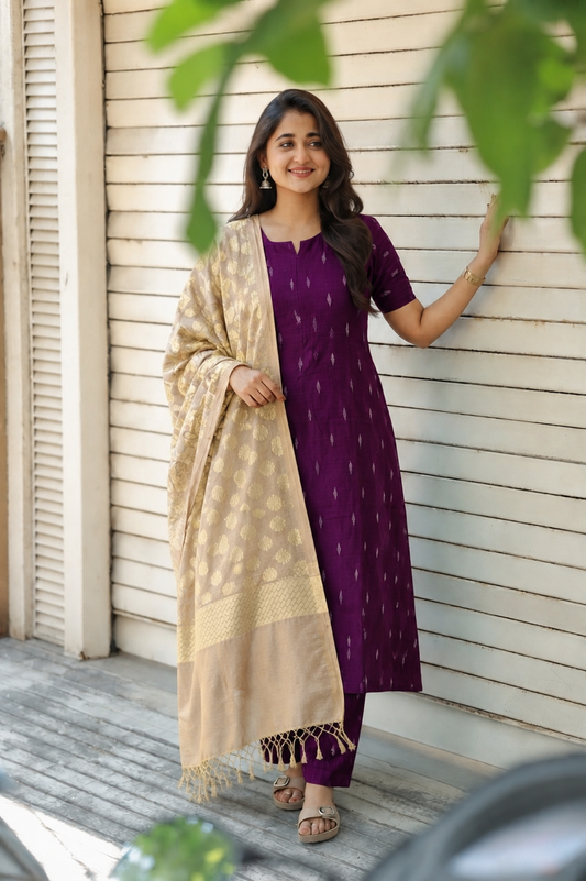 Raw silk Maternity 3 pc chudidhar set [ Top with center side zip,  Pant and dupatta - Violet ( Side open top)