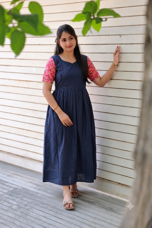 Soft silk - Double side zip  Maternity Maxi/Gown - Festival Collection  - Full cotton Liing - Navy blue