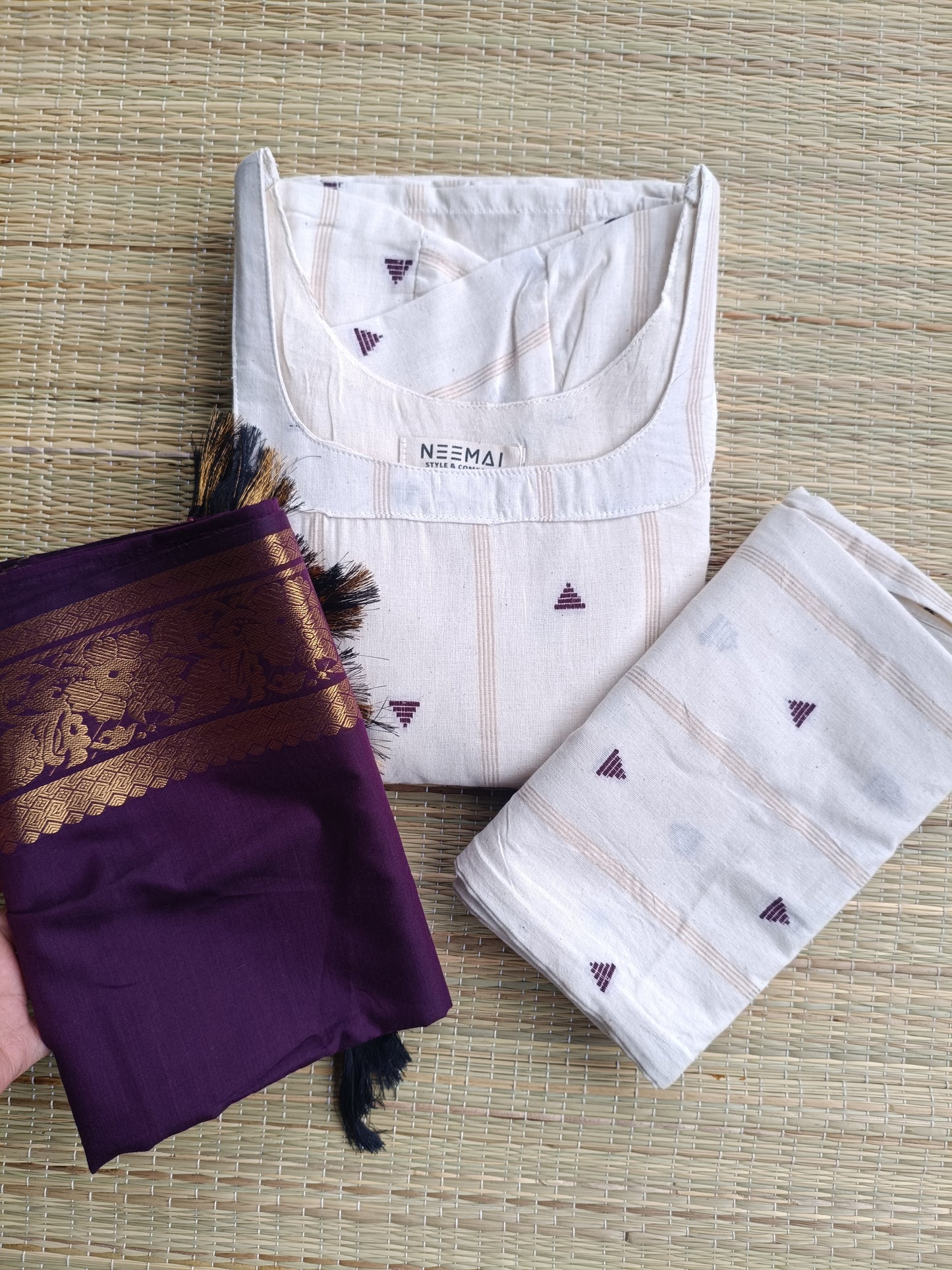 Onam special  Maternity 3 pc chudidhar set [ Top with double side zip, pant and dupatta ] -White and Purple butta