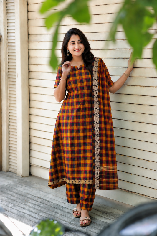 Cotton Maternity 2 pc chudidhar set [ Top with center zip, and dupatta] - Madras checks -A line Top - No side open