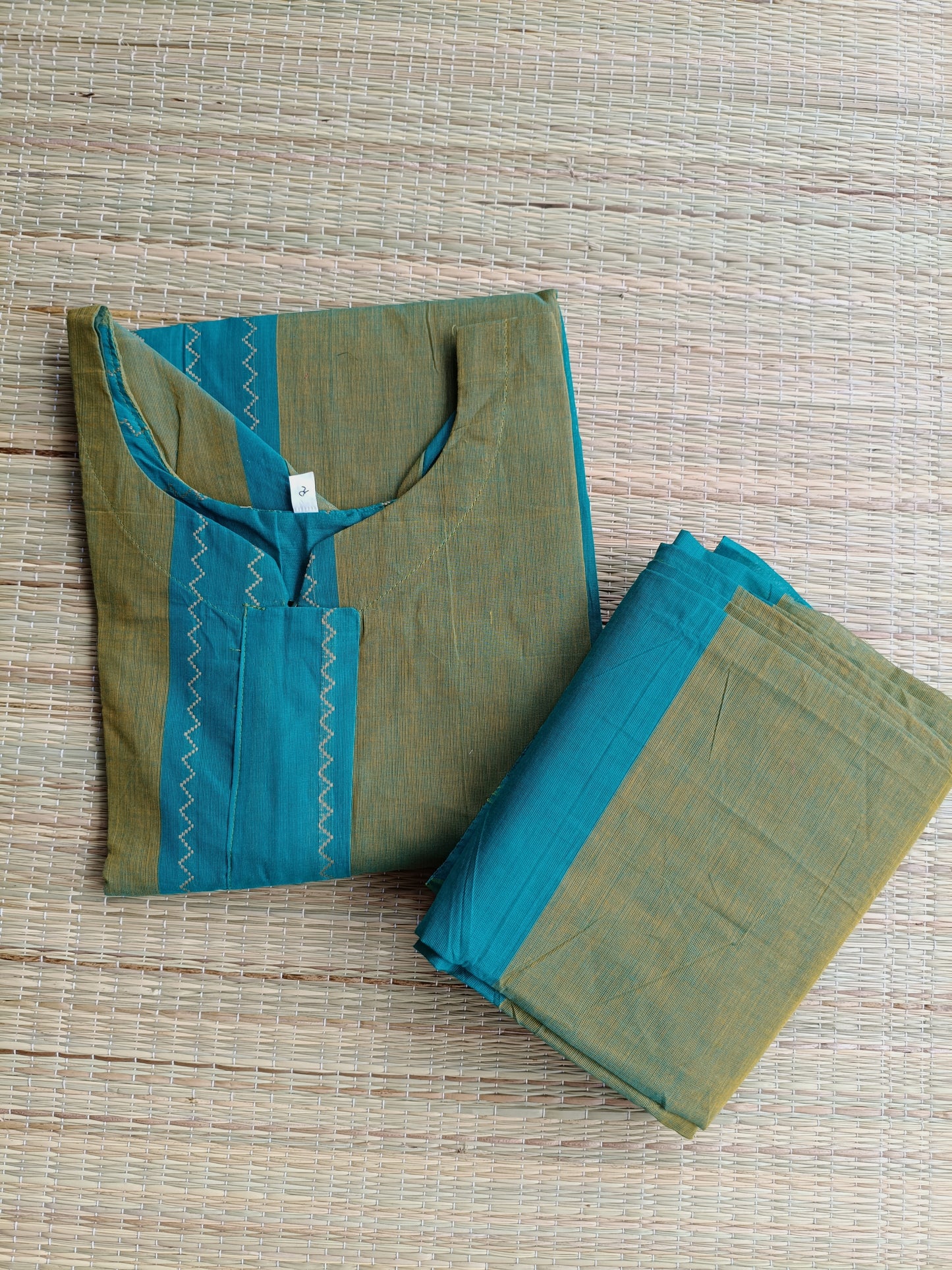 Cotton Maternity 2 pc chudidhar set [ Top with center zip, and dupatta]  -  Green and blue - Aline Top and No side open