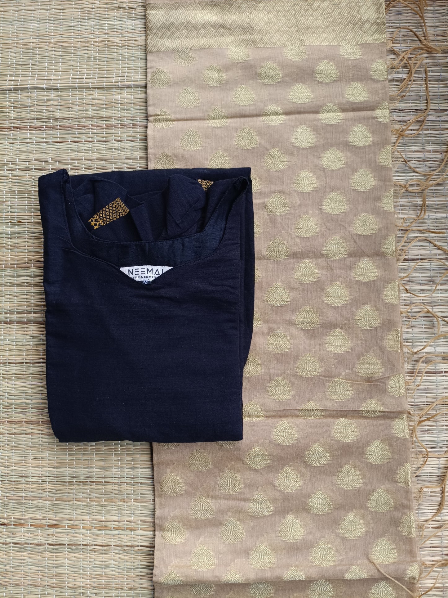 Chettinad Cotton -2 pc set -Maternity Maxi/Gown - Festival Collection -Full cotton lining- Double side zip with dupatta- Black and sandal