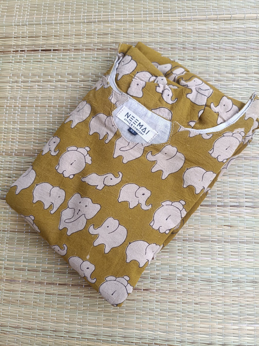 Kalamkari Cotton Maternity Feeding Gown/ maxi / double side zip– mustard elephant