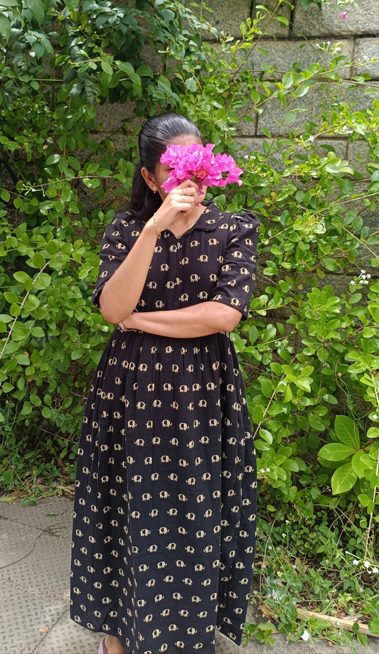Premium Muslin - Feeding/ Maternity Maxi/Gown - Cotton lining with Center zip -Collar Black and sandal elephant