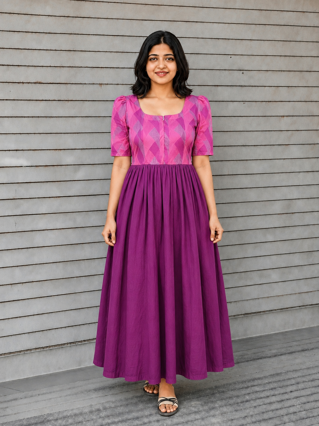 Raw silk Maternity Maxi/Gown in center zip - Festival Collection- Full cotton lining -pink with Violet