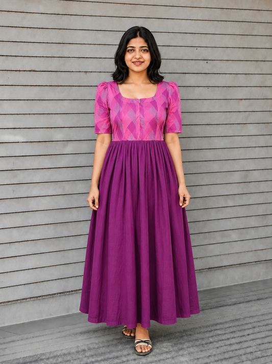 Raw silk Maternity Maxi/Gown in center zip - Festival Collection- Full cotton lining -pink with Violet