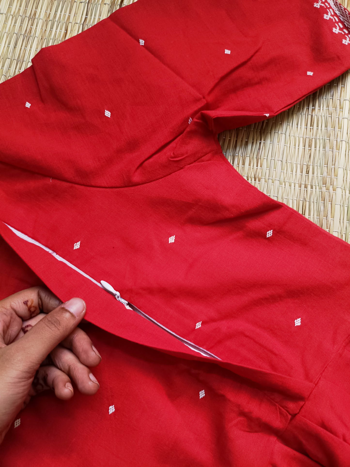 Prewashed Handloom Cotton Maternity Feeding Gown/Maxi /Double Side Zip- Red with white butta