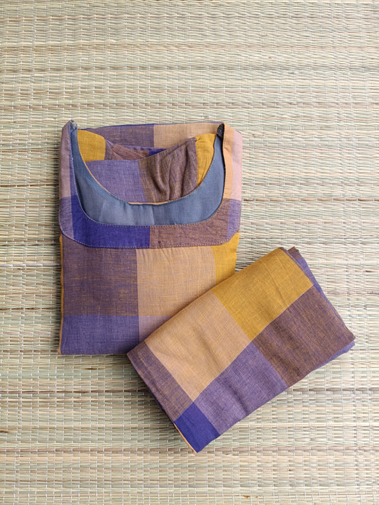Madras check/ cotton Maternity 2 pc chudidhar set [ Top with double side zip, and Pant - Yellow and Navy blue