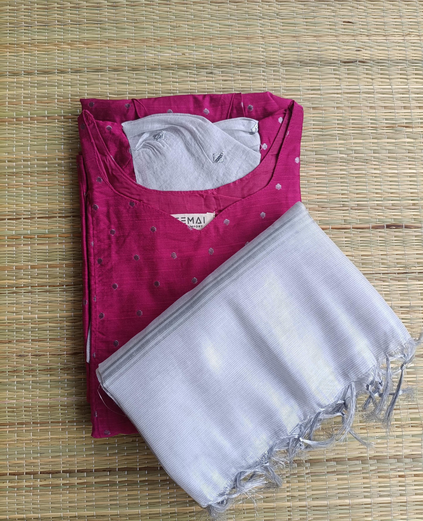 Raw silk - Double side zip  Maternity Maxi/Gown - Festival Collection -  Dark Pink and  Silver Sleeve