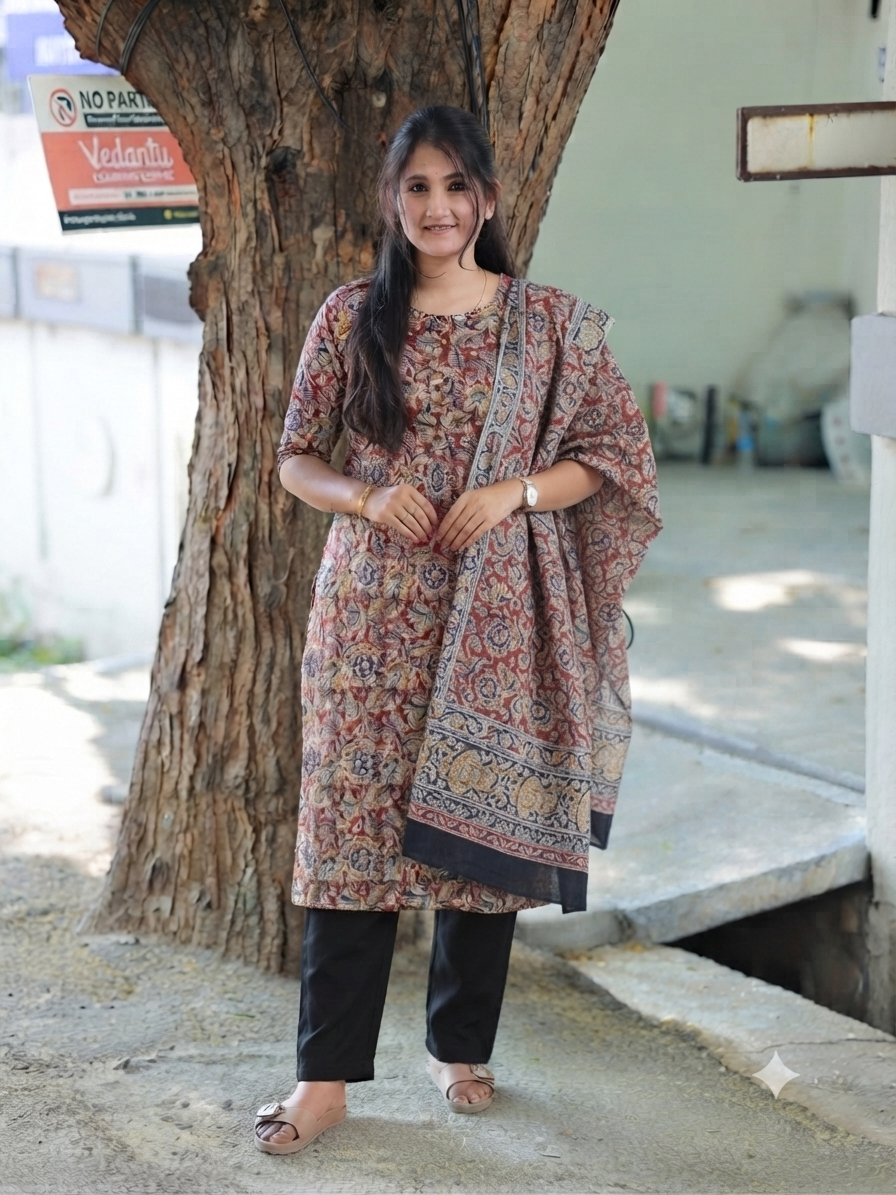 Block printed kalamkari cotton Maternity 2 pc chudidhar set [ Top with center side zip, and dupatta - Leaf red kalamkari (side open top)