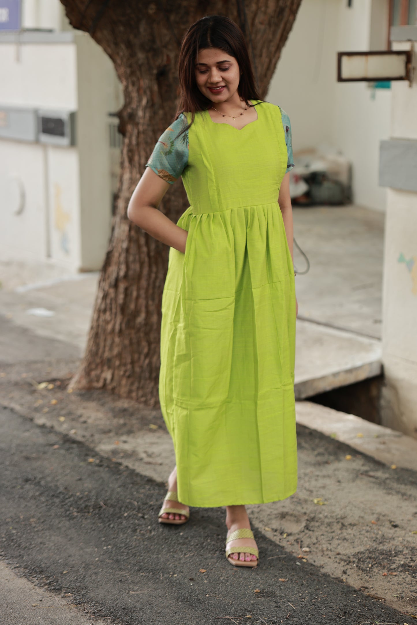Soft silk - Double side zip  Maternity Maxi/Gown - Festival Collection(Full cotton Lining) - Parrot green