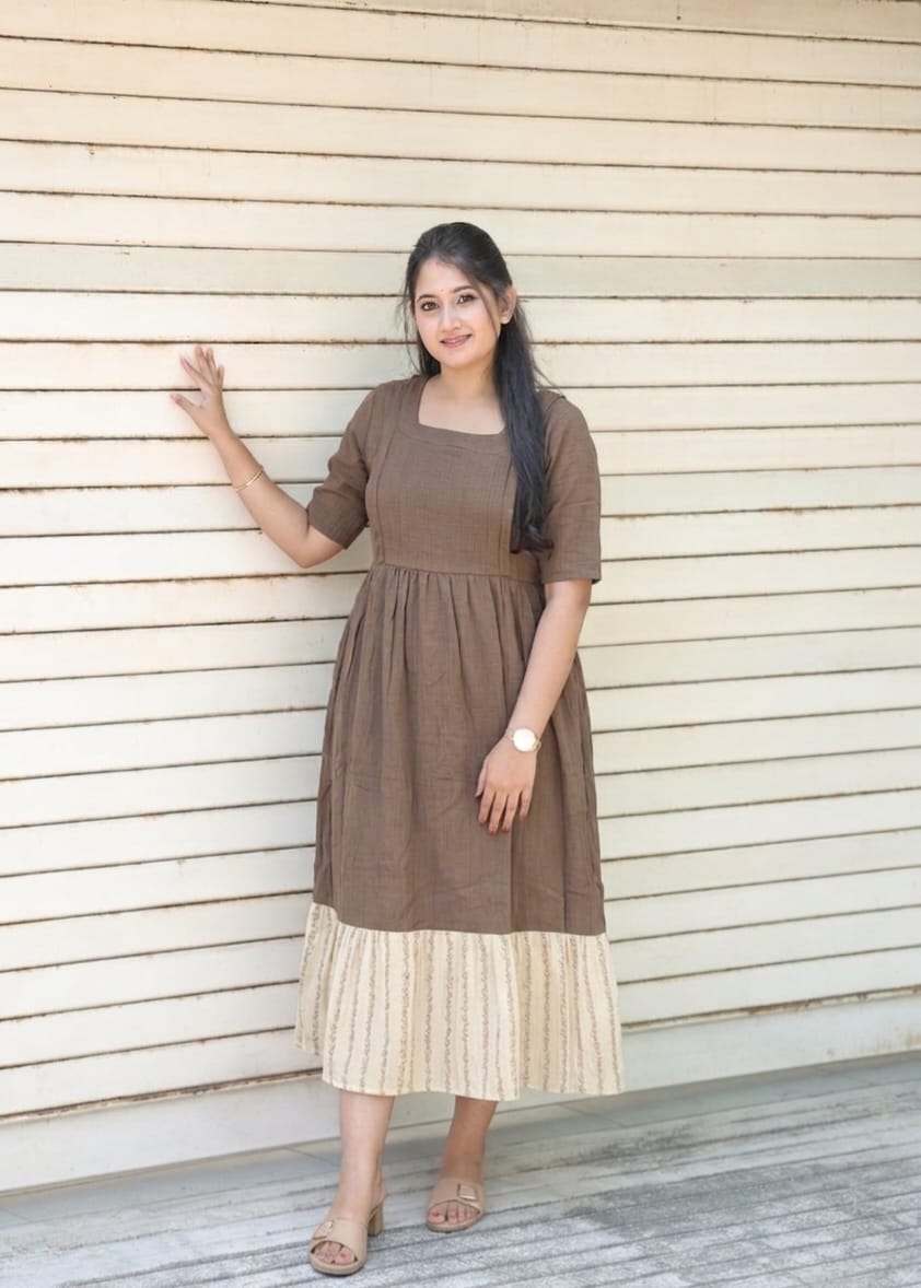 Premium Muslin- Feeding/ Maternity Maxi/Gown - Cotton lining /Double side zip -  Brown Muslin