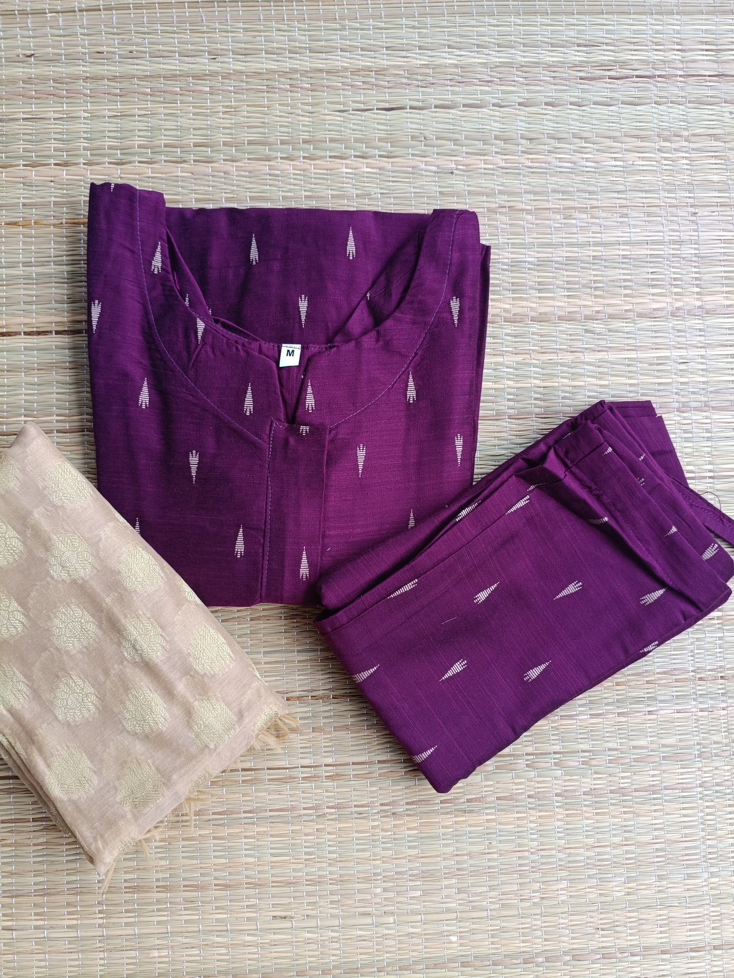 Raw silk Maternity 3 pc chudidhar set [ Top with center side zip,  Pant and dupatta - Violet ( Side open top)