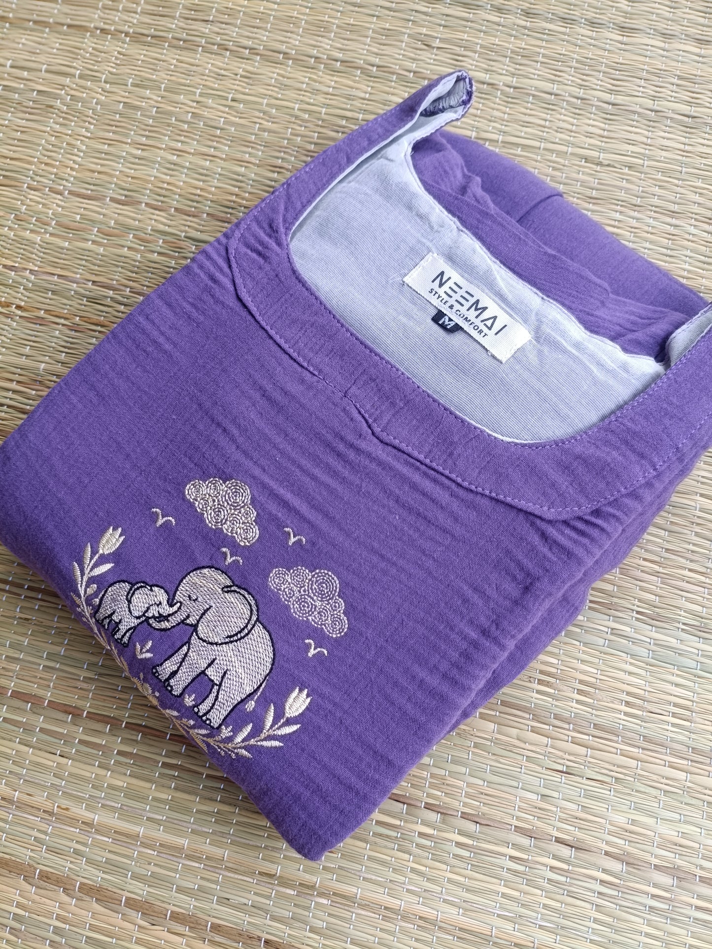 Muslin Cotton Maternity Feeding Dress – Purple | Double Side Nursing Zip( elephant embroidery Design)