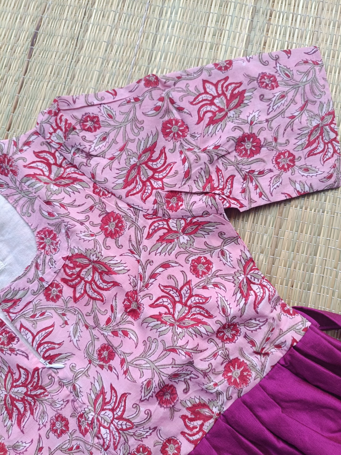 Cotton / Raw silk Maternity Maxi/Gown in center zip - Festival Collection- Full cotton lining - Light Pink with dark pink