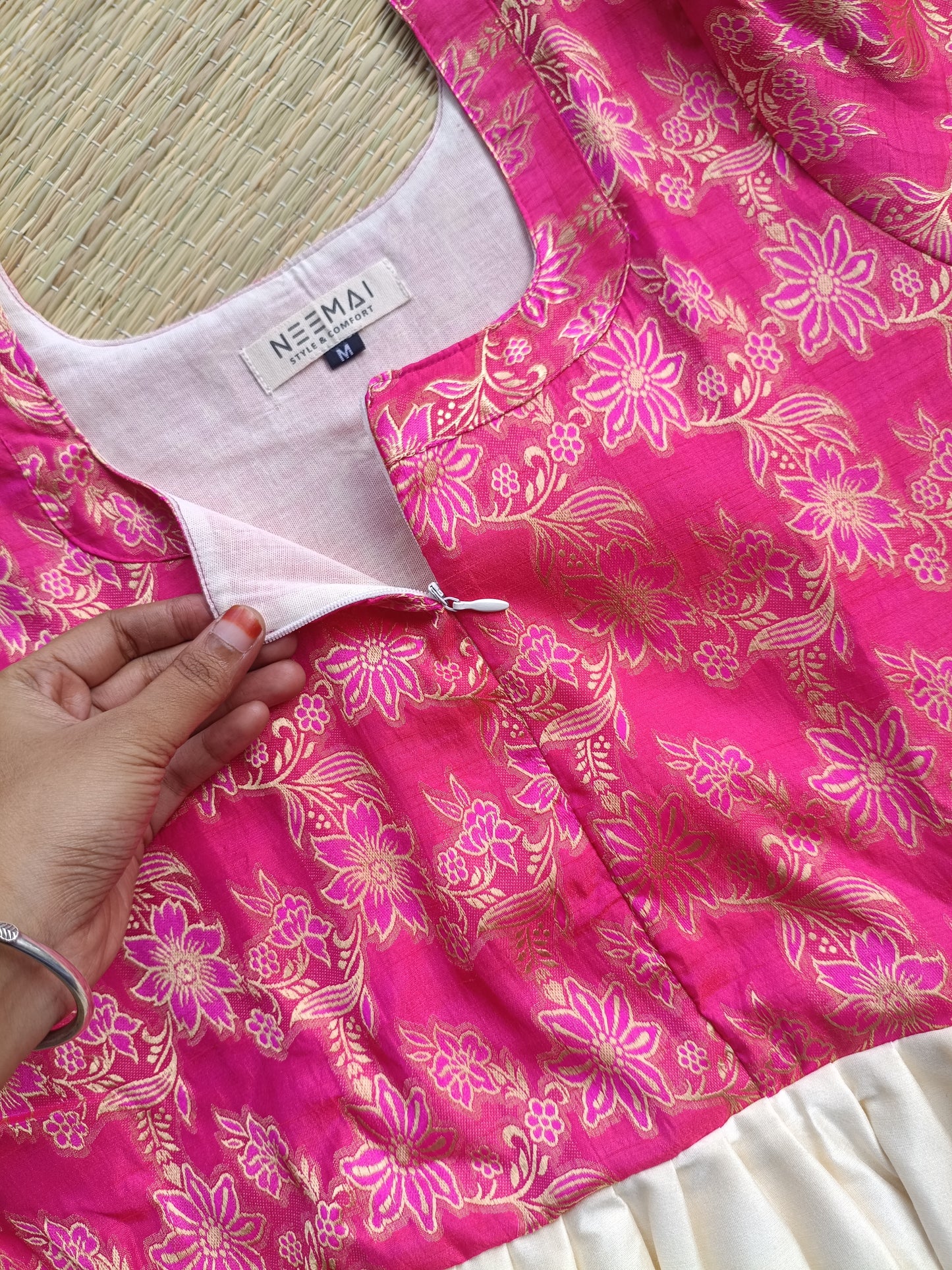 Raw silk Maternity Maxi/Gown in center zip - Festival Collection- Full cotton lining - Half white with pink