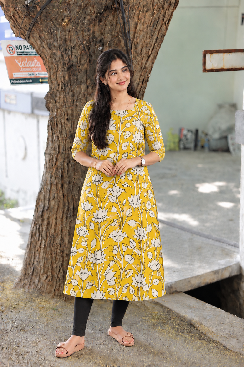 Block printed kalamkari cotton Maternity 2 pc chudidhar set [ Top with double side zip, and dupatta -Yellow flower