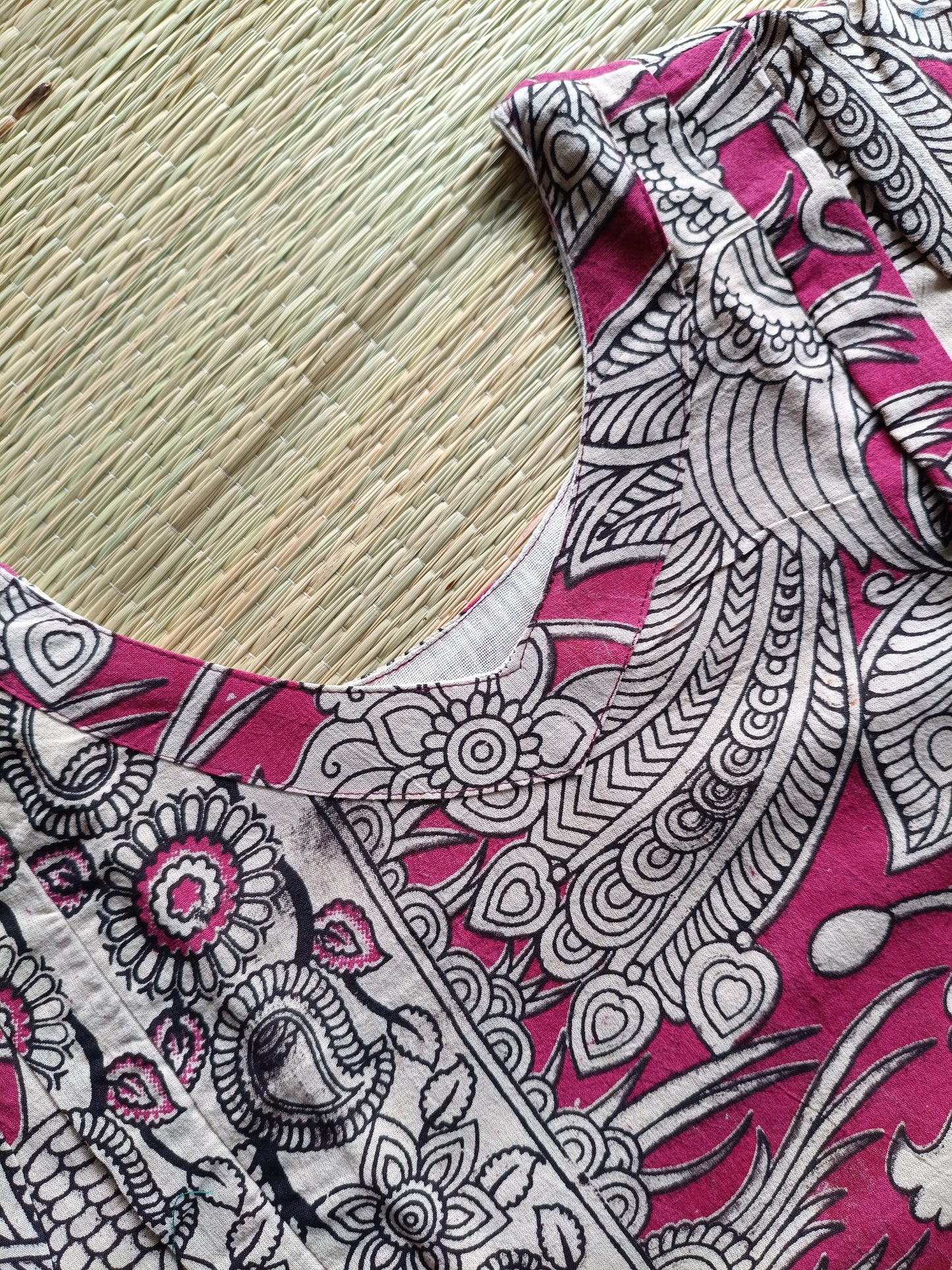 Block printed kalamkari cotton Maternity 2 pc chudidhar set [ Top with double side zip, and dupatta - Pink and sandal flower