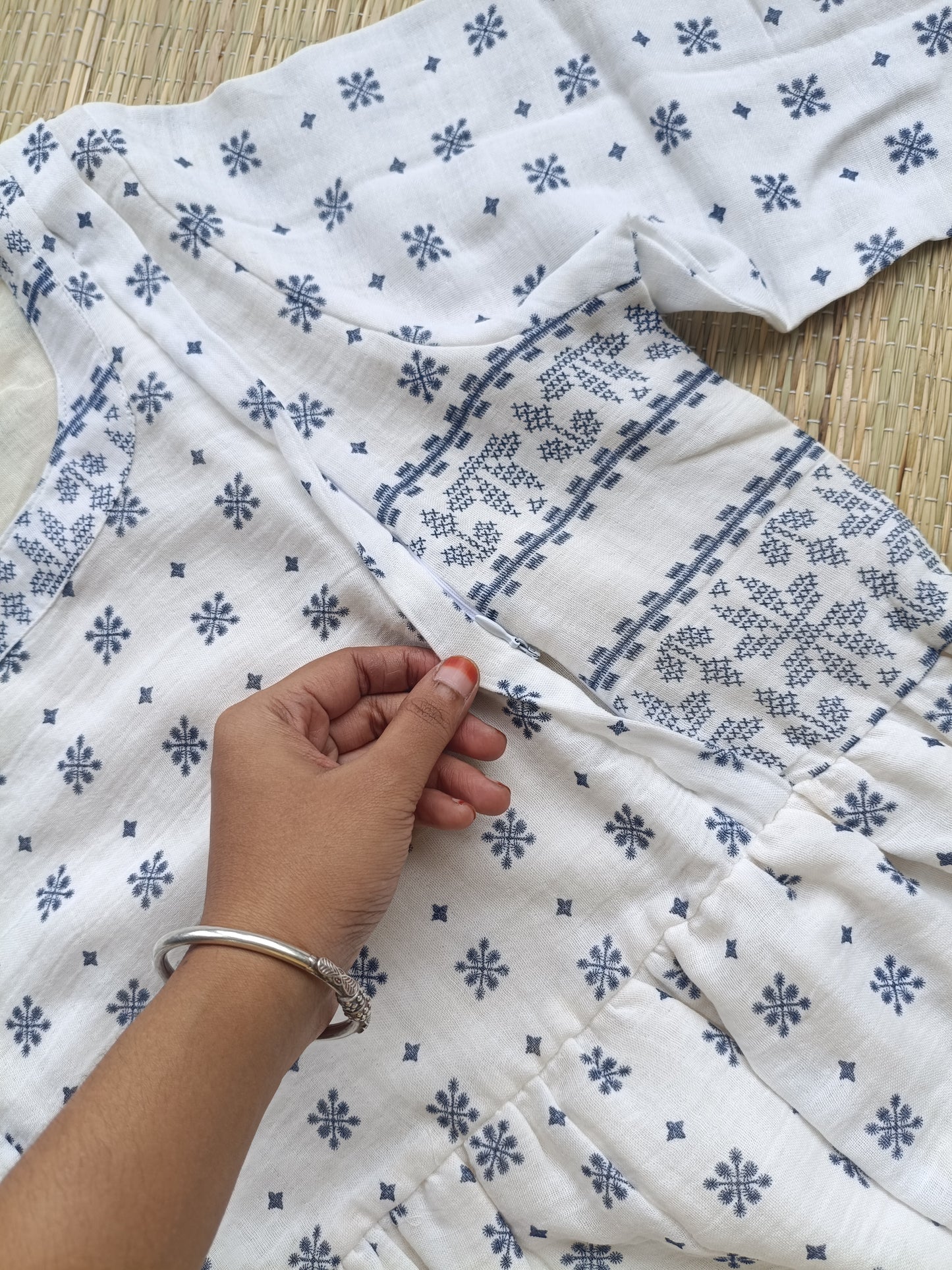Premium  Muslin- Feeding/ Maternity Maxi/Gown - Cotton lining  / Double side zip  -White with blue flower