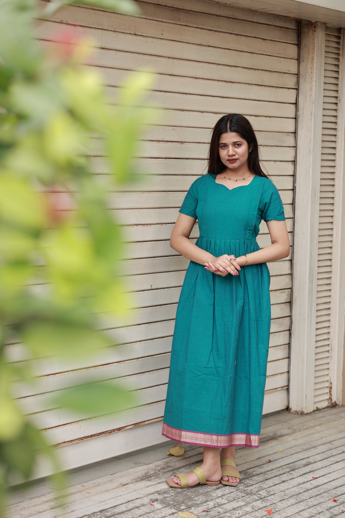 Handloom cotton - Maternity / Feeding - Maxi/Gown -Full Cotton Lining - Double side Zips - Peacock Green
