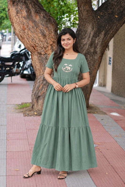 Muslin Cotton Maternity Feeding Dress – Green| Double Side Nursing Zip( elephant embroidery Design)