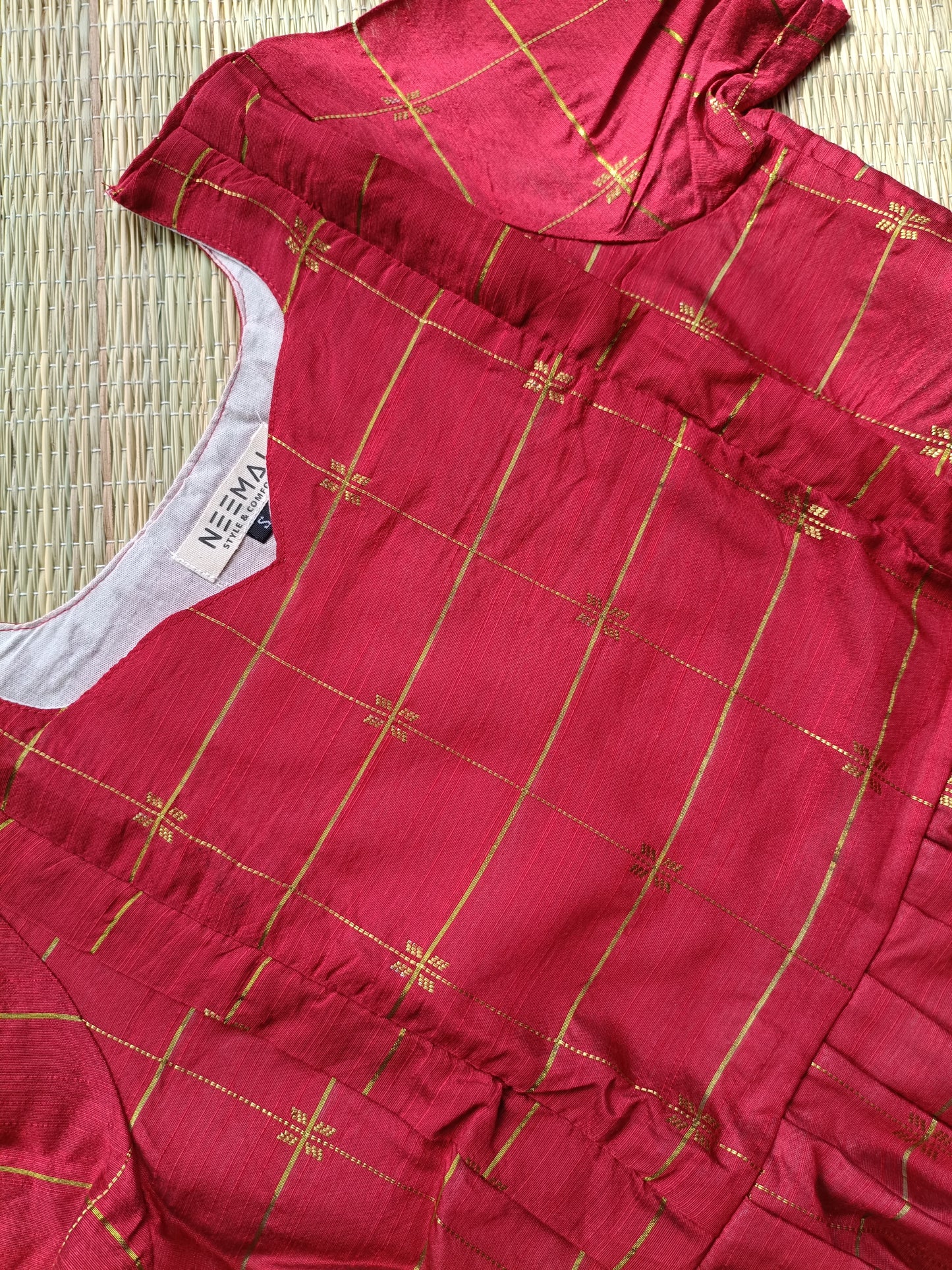 Raw silk Maternity Maxi/Gown - Festival Collection- Full cotton lining - Red with gold checks