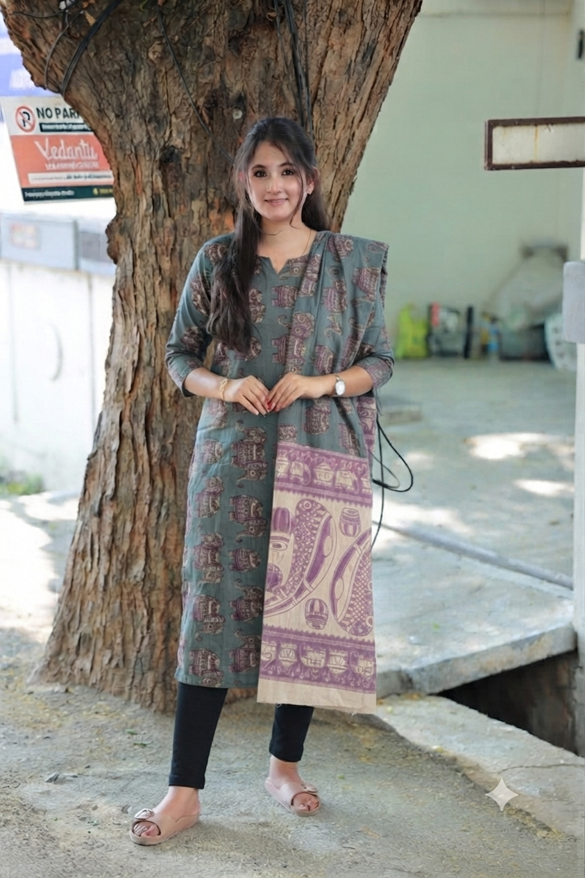 Block printed kalamkari cotton Maternity 2 pc chudidhar set [ Top with double side zip, and dupatta -  Ash and green elephant