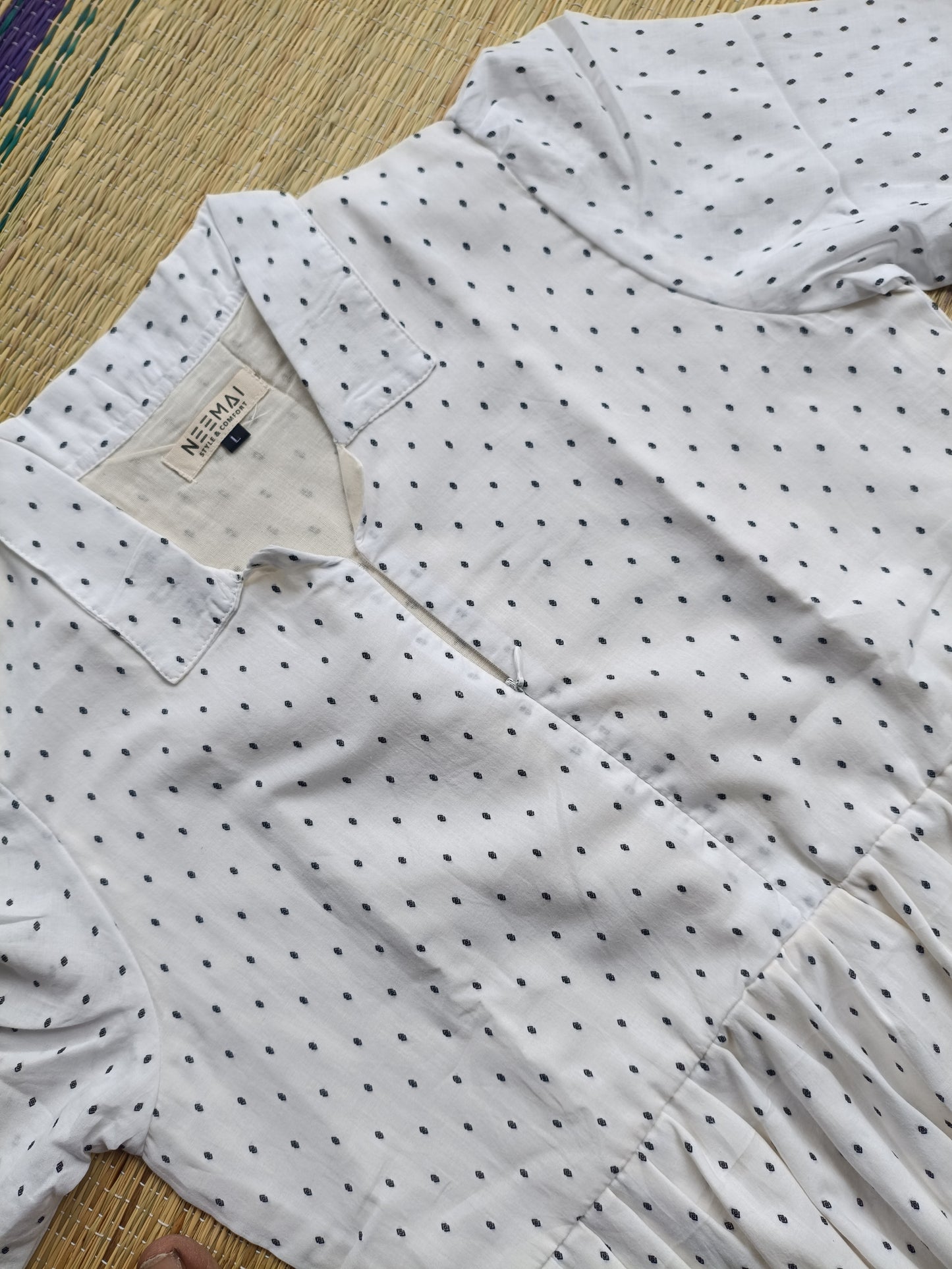 Handloom Cotton - Feeding/ Maternity Maxi/Gown - Cotton lining /Center zip -Collar White with black dots