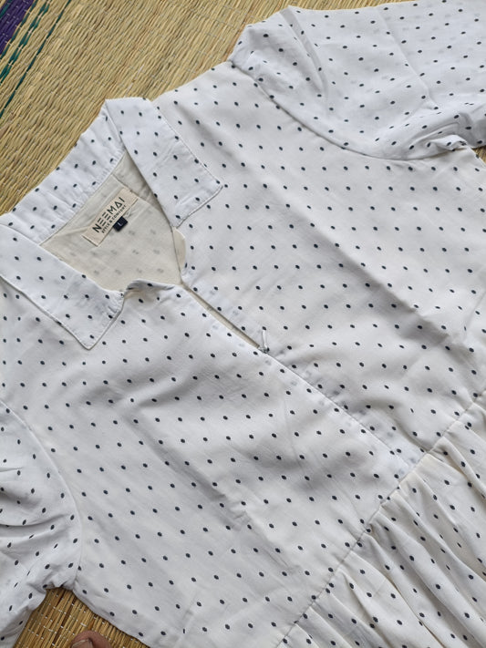 Handloom Cotton - Feeding/ Maternity Maxi/Gown - Cotton lining /Center zip - Collar White with black dots