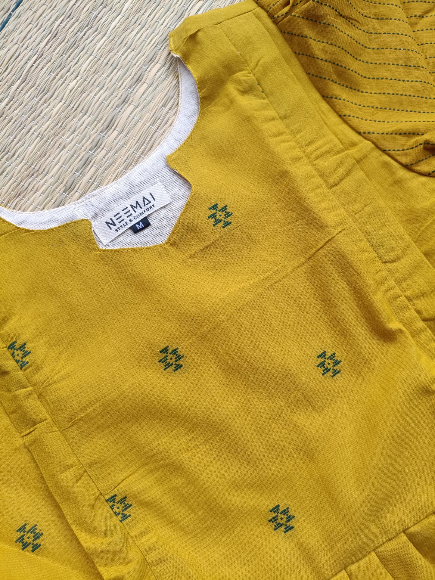 Handloom Cotton Maternity Feeding Gown / maxi / Double side zip - mustard and Green butta