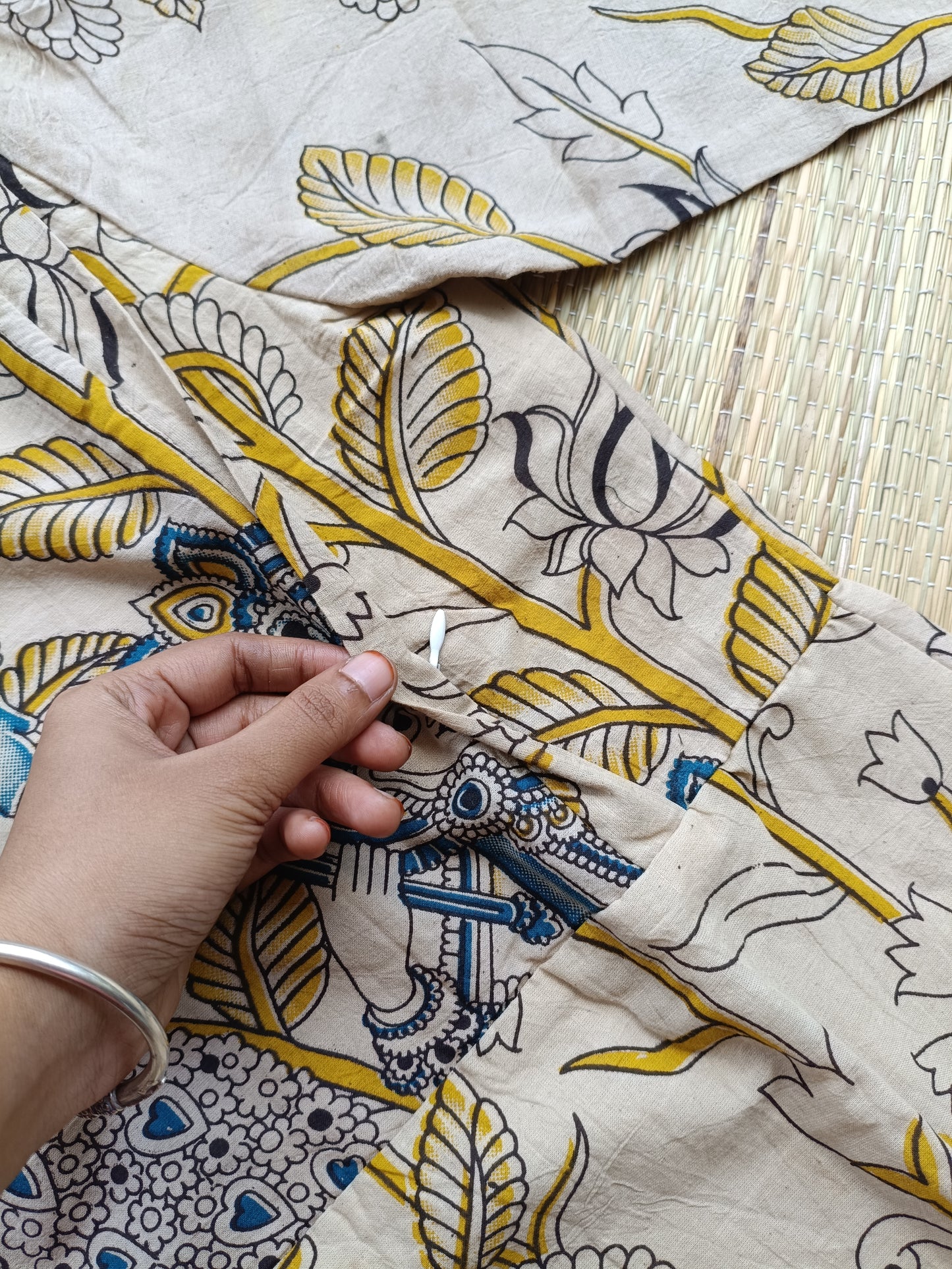 Block printed kalamkari cotton Maternity 2 pc chudidhar set [ Top with double side zip, and dupatta - Blue and yellow