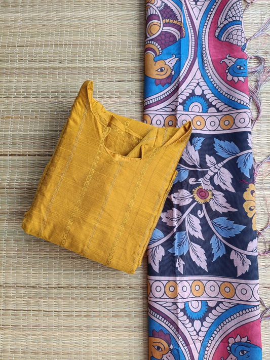 Raw Silk Maternity 2 Pc Chudidhar Set –Yellow line/Double side Zip (Side Open Top + Dupatta)