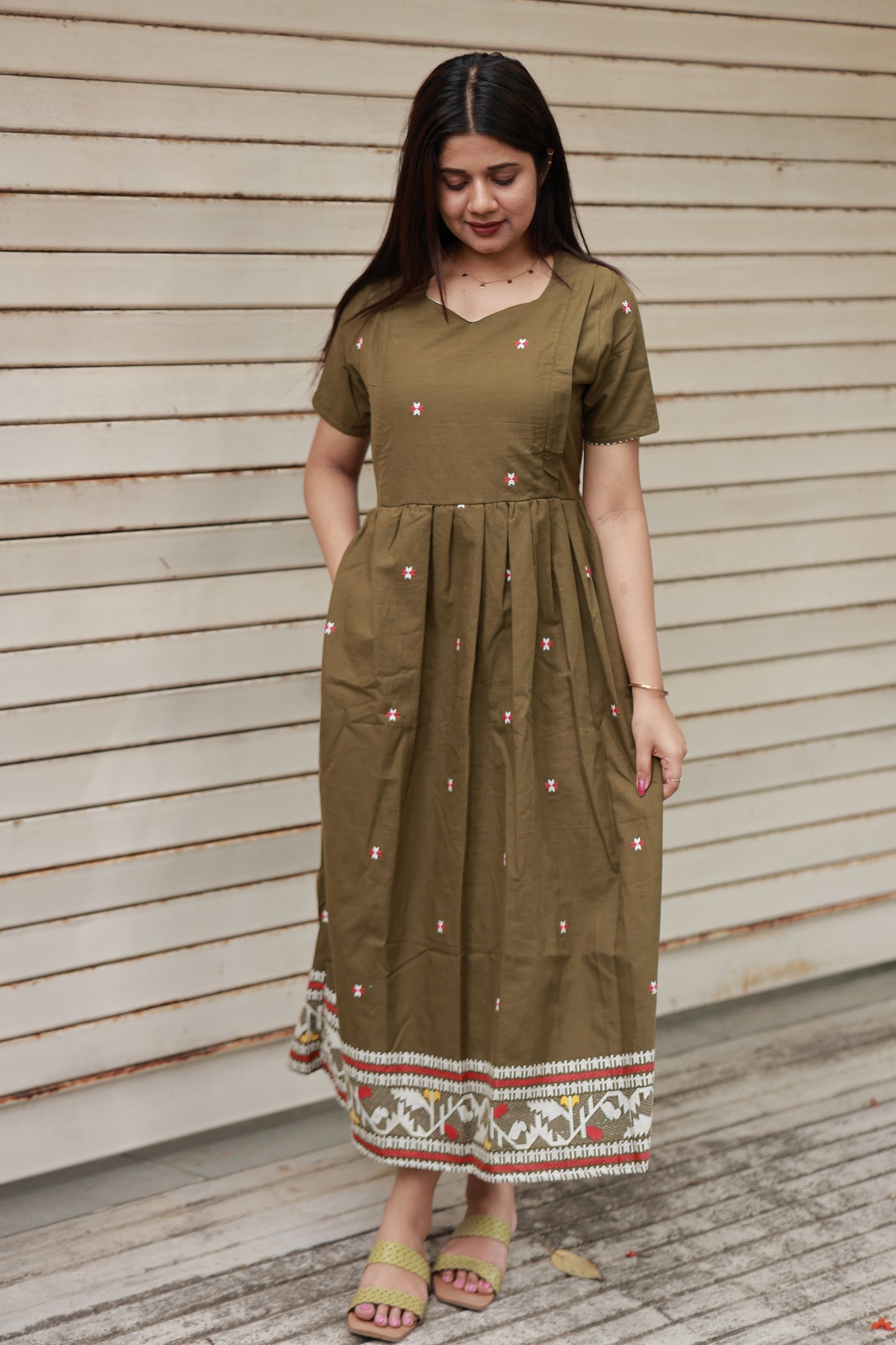 Handloom Jamdani - Maternity / Feeding - Maxi/Gown - Full Cotton Lining - Double side Zips - olive green