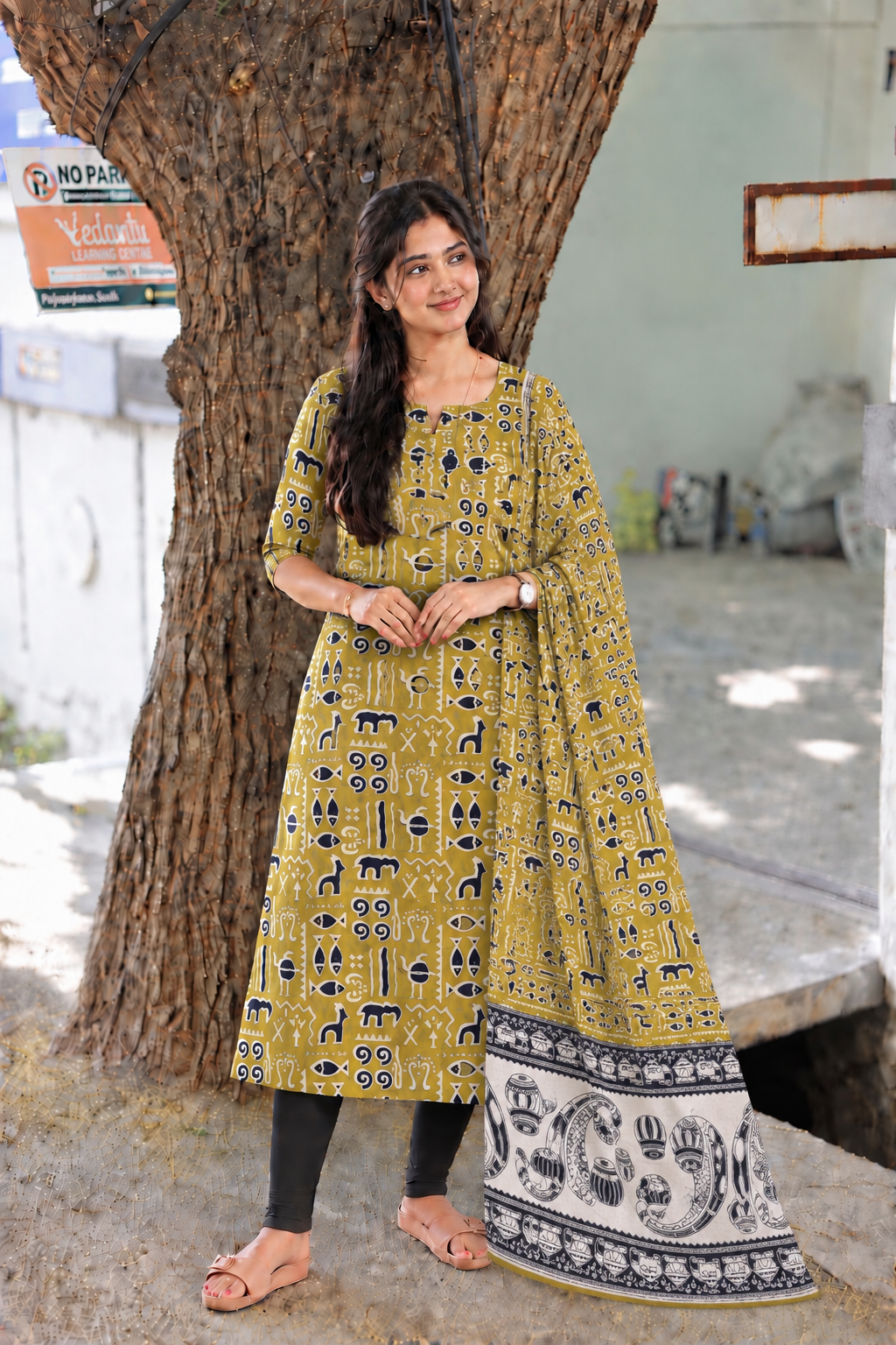 Block printed kalamkari cotton Maternity 2 pc chudidhar set [ Top with double side zip, and dupatta - Green fish