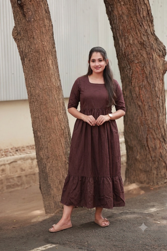 Prewashed handloom Cotton - Feeding/ Maternity Maxi/Gown - Cotton lining /Double side zip - Brown Stripe