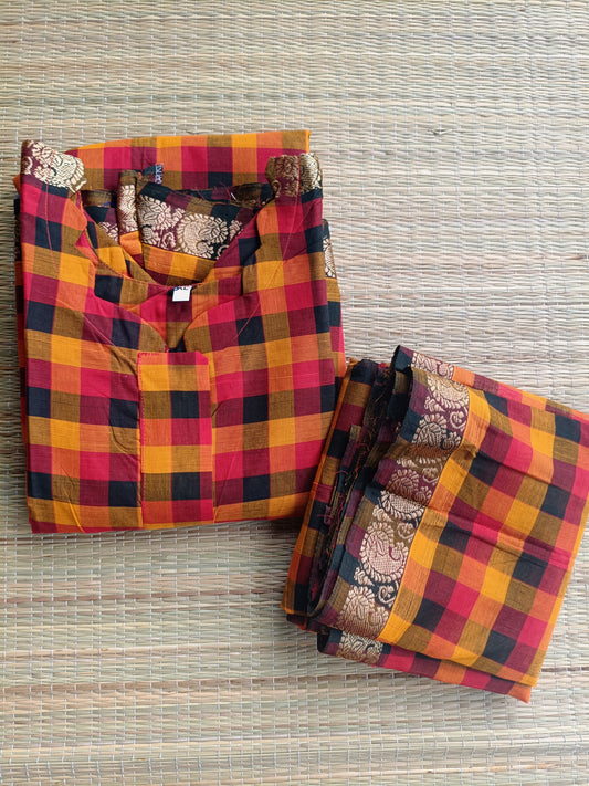 Cotton Maternity 2 pc chudidhar set [ Top with center zip, and dupatta] - Madras checks -A line Top - No side open