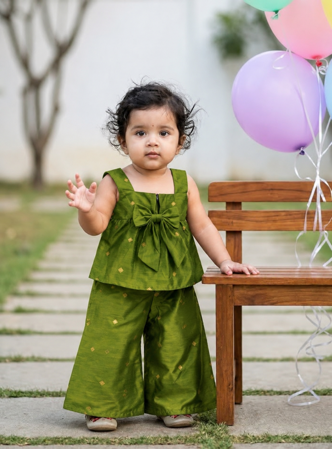 Girl baby dress / Raw silk  / 2 pc set- Parrot green - 1- 2 year