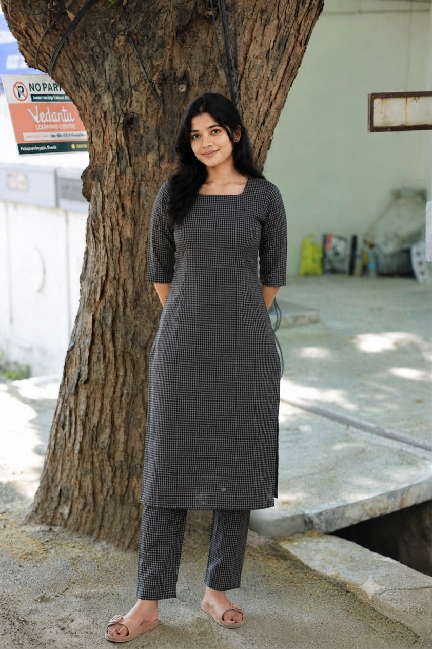 Prewashed pure Cotton checks / Maternity 2 pc Coordset [ Top with double side zip, and Pant] - Small checks Black